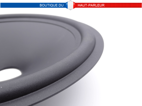 Membrane haut-parleur réalisée en pulpe de cellulose pressée équipée avec une suspension en caoutchouc d'un diamètre extérieur de 25 cm de diamètre pour bobine de 35,5 mm ou plus.